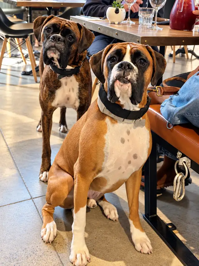 Two boxers sitting by a table in the dining room.