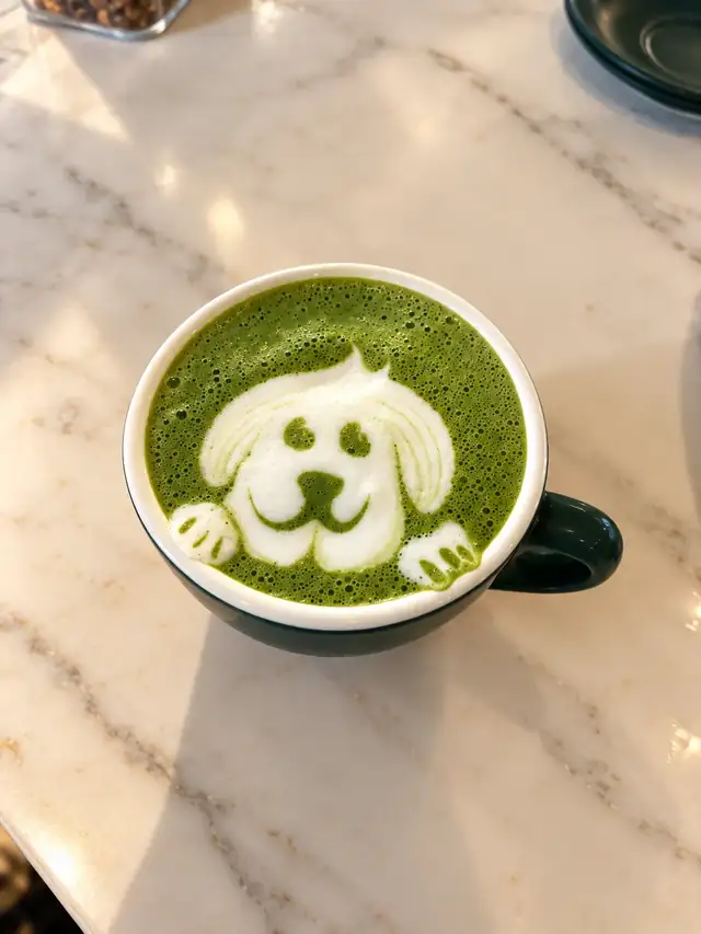 Matcha latte with a dog face drawn in the foam, on marble.